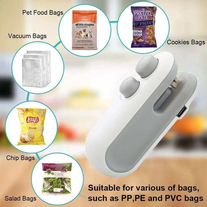 2IN1 Mini Máquina de Selagem USB Recarregável Selador Térmico Saco de Armazenamento Pacote Plástico Selador de Alimentos Clip Bag Selador Térmico de Alimentos Portátil